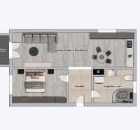 Grundriss einer 2-Zimmer-Wohnung mit Wohnzimmer, Küche, Schlafzimmer und Badezimmer.