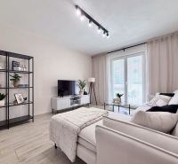 Helles Wohnzimmer in einer 2-Zimmer-Wohnung mit Regal und Sofa, Boden mit Holzdekor.