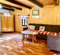 Wohnzimmer in einem Einfamilienhaus mit Holzwänden und einem Boden mit Holzdekor.