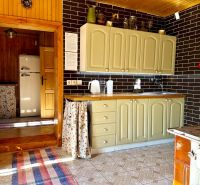Küche in einem Einfamilienhaus mit einem Retro-Kühlschrank, Küchenzeile und schwarzen Fliesen.