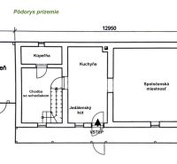 Grundriss eines Einfamilienhauses mit Gemeinschaftsraum, Küche, Badezimmer und Holzlager.