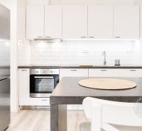 Küche in einer 2-Zimmer-Wohnung mit weißen Schränken und einem Kühlschrank aus Edelstahl.