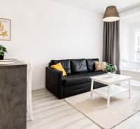 Innenraum einer 2-Zimmer-Wohnung mit schwarzem Sofa, weißem Tisch und Bartresen.