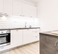 Küche in einer 2-Zimmer-Wohnung mit weißen Schränken und einem Boden in Holzoptik.