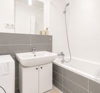 Badezimmer mit Waschmaschine in einer 2-Zimmer-Wohnung, enthält eine Badewanne und ein Waschbecken.