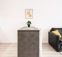 Küche in einer 2-Zimmer-Wohnung mit schwarzem Sofa und Holzboden.
