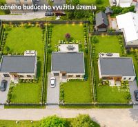 Visualisierung von Wohnbaugrundstücken in Dúbrava mit drei Einfamilienhäusern und Grünflächen.