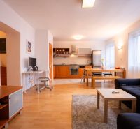 Wohnzimmer mit Küche in einer 4-Zimmer-Wohnung, mit einem Boden in Holzoptik und vielseitiger Einrichtung.