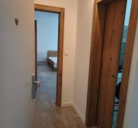 Flur in einer Einzimmerwohnung mit Fliesenboden und Holztürrahmen.