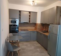 Küche in einer Einzimmerwohnung mit Essecke und grauen Schränken.