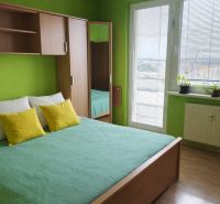 Grünes Schlafzimmer mit Bett und Schrank in Holzdekor in einer 3-Zimmer-Wohnung.