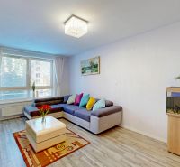 Wohnzimmer in einer 3-Zimmer-Wohnung mit Sofa, Aquarium, Pflanze und Holzboden.