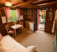 Eine Hütte mit Holzinneinrichtung, gemütlichen Möbeln und Zugang zur Veranda.