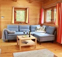 Wohnzimmer einer Hütte mit Holzwänden, einem Boden in Holzoptik, einem blauen Sofa und einem Tisch.