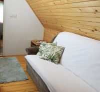 Ein bequemer Sofa mit einem dekorativen Kissen in einer gemütlichen Hütte mit Holzelementen.