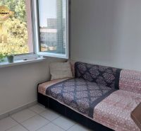 Ein Sofa in der Ecke des Zimmers mit offenem Fenster und Blumen auf der Fensterbank.