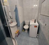 Badezimmer in einer Einzimmerwohnung mit blauen Fliesen, Duschkabine und Toilette.