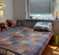 Schlafzimmer in einer Einzimmerwohnung mit einem Bett und einem Haufen Plüschtiere auf dem Bett.
