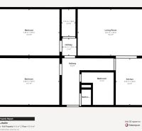Grundriss einer 3-Zimmer-Wohnung mit Schlafzimmern, Wohnzimmer, Küche und zwei Badezimmern.