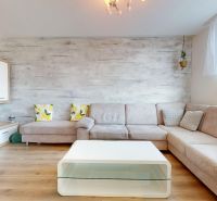 Wohnzimmer in einer 3-Zimmer-Wohnung mit einem Sofa und einem Boden in Holzoptik.