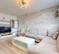 Wohnzimmer in einer 3-Zimmer-Wohnung mit Sofa, Tisch und Holzboden.