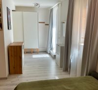 Helles Zimmer mit Möbeln, Holzboden und Kunstbildern in einer Einzimmerwohnung.