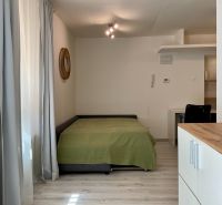 Ein Zimmer in einer Einzimmerwohnung mit Bett, Schreibtisch und Schubladen, Boden mit Holzdekor.