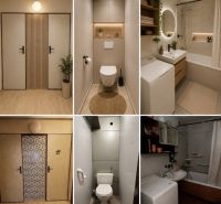 Badezimmer und Toiletten in einer 2-Zimmer-Wohnung mit minimalistischen Elementen und dekorativen Details.