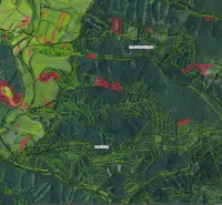 Karte der landwirtschaftlichen und forstwirtschaftlichen Flächen in der Umgebung von Ľubica mit farblichen Markierungen.