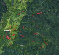 Luftaufnahme von landwirtschaftlichen und forstwirtschaftlichen Flächen rund um Ľubica mit Grenzmarkierungen.