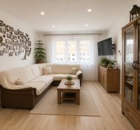Wohnzimmer in einer 3-Zimmer-Wohnung mit einem bequemen Sofa und einem Boden in Holzoptik.