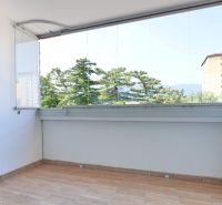 Verglaster Balkon mit Aussicht, 2-Zimmer-Wohnung, Boden mit Holzdekor, angenehmes Licht.