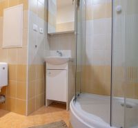 Badezimmer mit Toilette, Duschkabine und Waschbecken in einer 2-Zimmer-Wohnung.