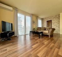 Wohnzimmer in einer 2-Zimmer-Wohnung mit Holzboden, Fernseher und bequemer Couch.