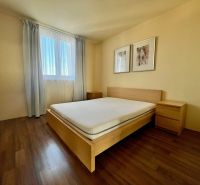 Schlafzimmer in einer 2-Zimmer-Wohnung mit einem Bett und einem Boden in Holzoptik.