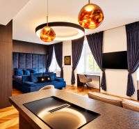 2-Zimmer-Wohnung mit Samtsofa, Holzelementen und Beleuchtung.