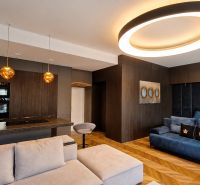 Wohnzimmer in einer 2-Zimmer-Wohnung mit Holzboden und interessanter Beleuchtung.