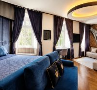 2-Zimmer-Wohnung mit luxuriösem Design, blauen Akzenten und einem Boden in Holzoptik.