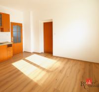Küche in einer 2-Zimmer-Wohnung mit orangefarbener Küchenzeile und Boden in Holzoptik.