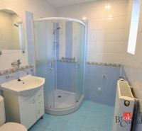 Badezimmer in einer 2-Zimmer-Wohnung mit blauen Fliesen, Duschkabine und Waschbecken.