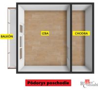 Grundriss einer 2-Zimmer-Wohnung mit Balkon und Holzbodenoptik.