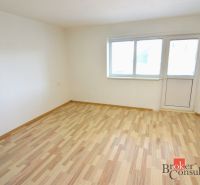 Helles Zimmer mit Holzboden in einer 2-Zimmer-Wohnung mit Zugang zum Balkon.