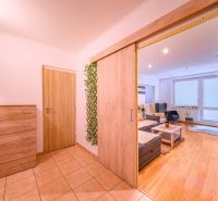 Wohnzimmer einer 2-Zimmer-Wohnung mit Holzboden und Eingangshalle.