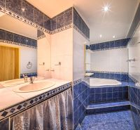 Badezimmer mit blauen Fliesen und zwei Waschbecken in einer 2-Zimmer-Wohnung.