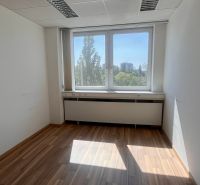 Büros mit großem Fenster und Boden in Holzoptik.