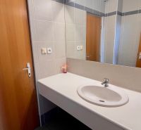 Ein Badezimmer mit Waschbecken, Spiegel und Holztüren im Büro.