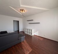 Wohnzimmer in einer 3-Zimmer-Wohnung mit Holzboden, grauem Sofa und Regalen.