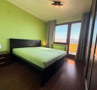 Schlafzimmer in einer 3-Zimmer-Wohnung mit Holzboden und grünen Wänden.