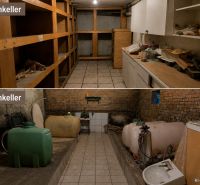 Weinkeller im Einfamilienhaus mit Regalen und Tanks.