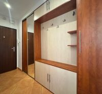 Eingangsbereich mit eingebautem Stauraum und Boden mit Holzdekor in einer 4-Zimmer-Wohnung.